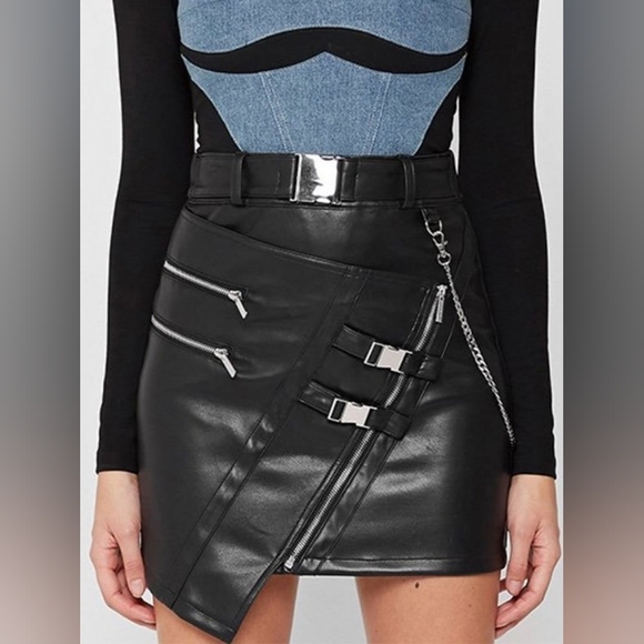Maniere De Voir Dresses & Skirts - Maniere De Voir Black Leather Mini Skirt with Buckle and Chain